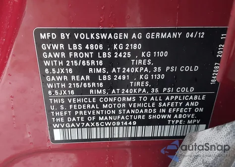 2012 Volkswagen Tiguan S from USA, damaged, VIN WVGAV7AX5CW091449